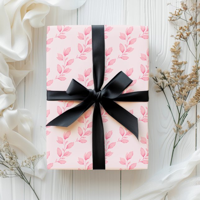 Elegant Whimsical Pastel Pink Watercolor Leaves Wrapping Paper Sheet (Creator Uploaded)
