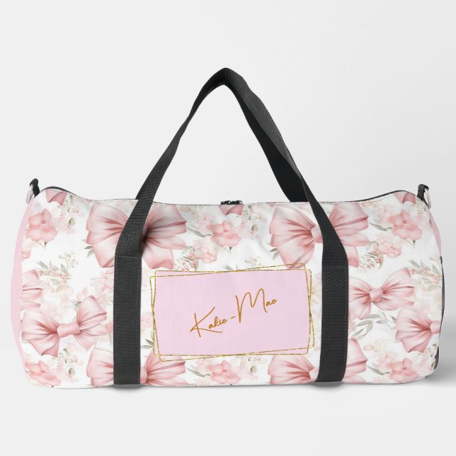 Elegant Whimsical Personalized Coquette Bow Large Duffle Bag (Front)