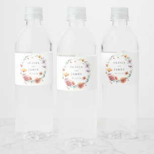 Elegant Whimsical Wildflower Wreath Wedding Water Bottle Label