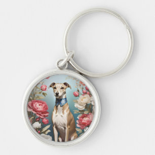 Elegant Whippet Pink Peony Flowers Blue Background Keychain