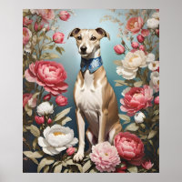 Elegant Whippet Pink Peony Flowers Blue Background