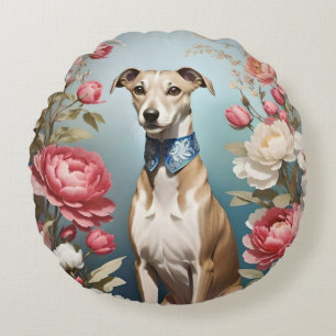 Elegant Whippet Pink Peony Flowers Round Pillow