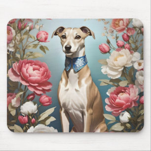 Elegant Whippet Portrait Pink Peony Flowers Mouse Pad