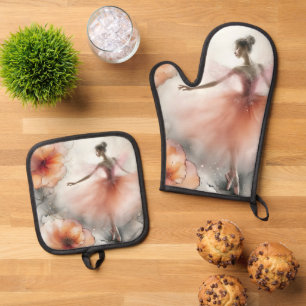 Elegant Whirl Ballet in Peach Oven Mitt & Pot Holder Set