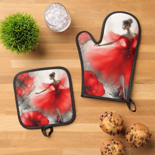 Elegant Whirl Ballet in Red Oven Mitt & Pot Holder Set (Top Down)