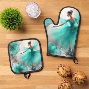 Elegant Whirl Ballet in turquoise Oven Mitt & Pot Holder Set