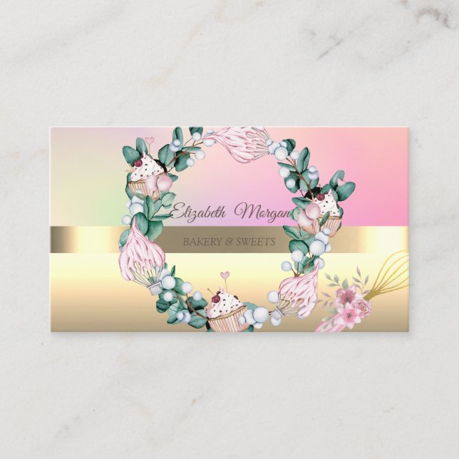 Elegant Whisk Cupcakes Greenery  Bakery Business Card (Front)