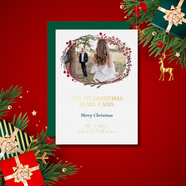 Elegant White 1st Christmas Married Bridal Photo  Foil Holiday Card (Creator Uploaded)