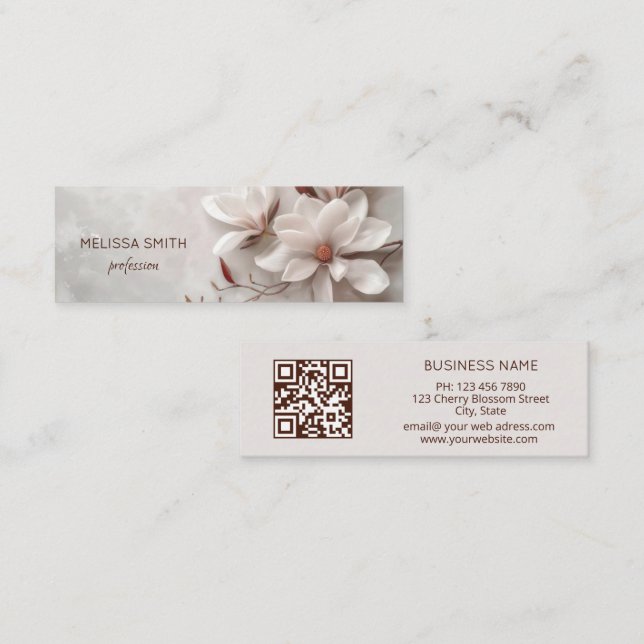 Elegant White 3D Magnolia Mini Business Card (Front/Back)