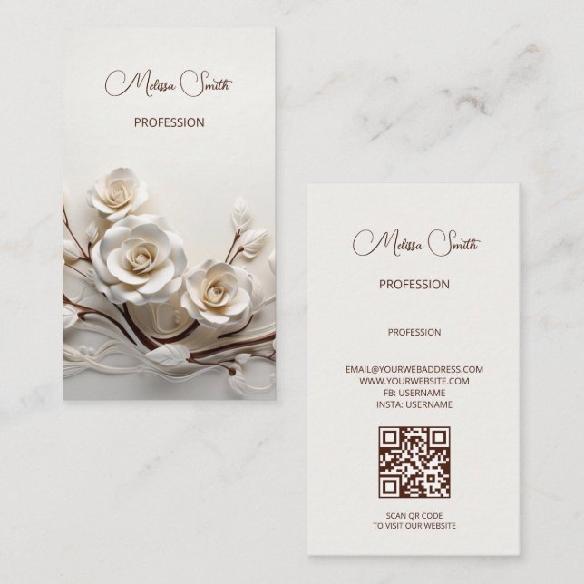 Elegant White 3D Roses Business Card (Front/Back)