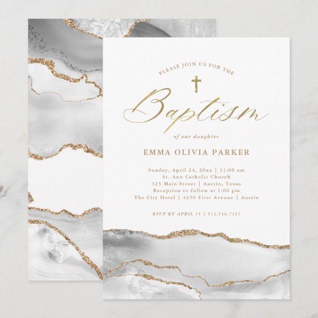 Elegant White Agate with Gold Cross | Baptism Invitation (Front/Back)