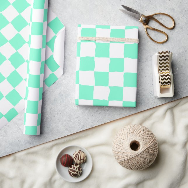 Elegant White and Aquamarine Chequerboard Painting Wrapping Paper (Crafts)