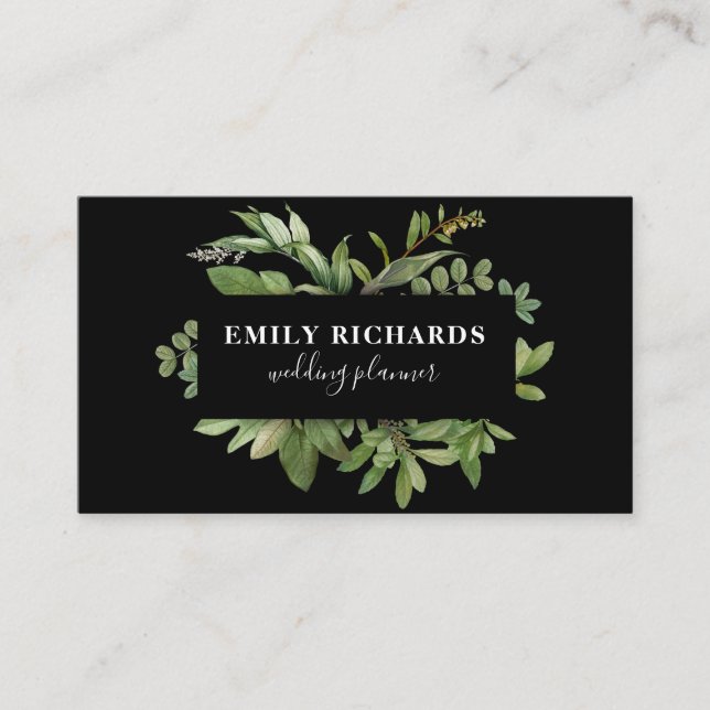 Elegant white and black botanical leaves script business card (Front)