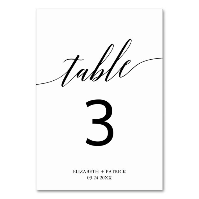 Elegant White and Black Calligraphy Table Number (Front)