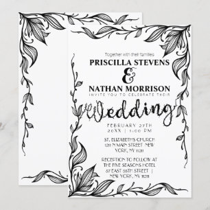 Elegant White and Black Drawn Floral Vine Wedding Invitation