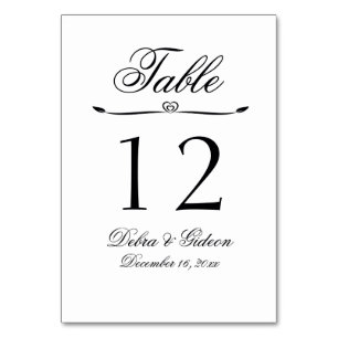 Elegant White and Black Heart Flourish Wedding Table Number