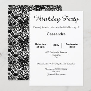 ELEGANT WHITE AND BLACK LACE BIRTHDAY PARTY BLACK INVITATION