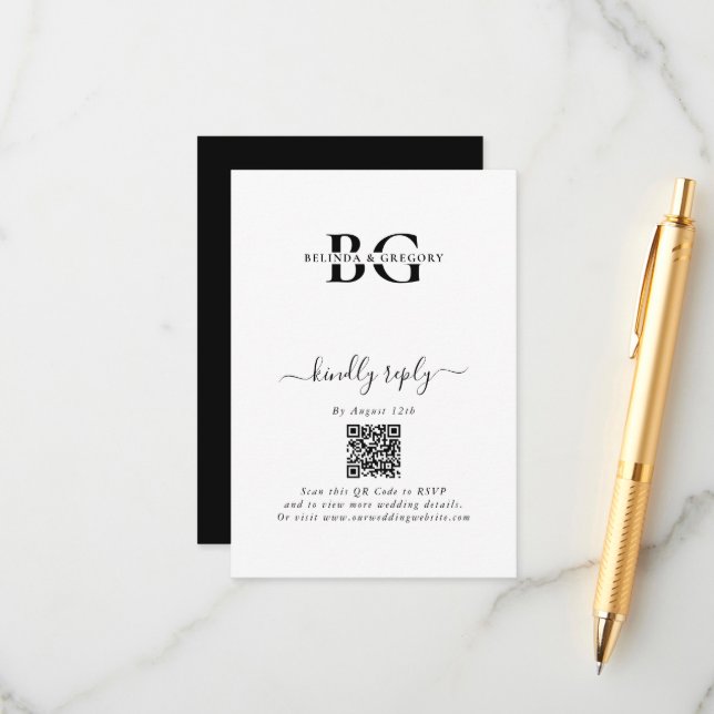 Elegant White and Black Monogram Initials Wedding Enclosure Card (Front/Back In Situ)