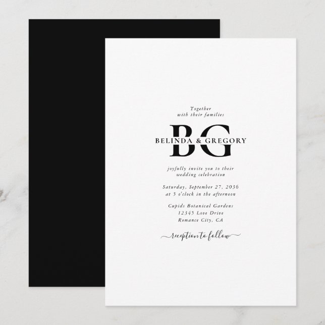 Elegant White and Black Monogram Initials Wedding Invitation (Front/Back)
