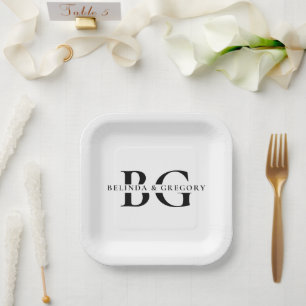 Elegant White and Black Monogram Initials Wedding Paper Plate