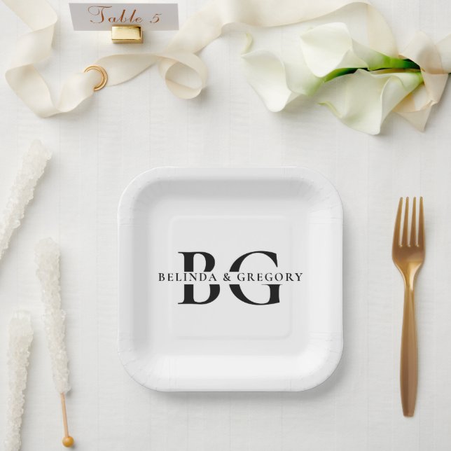 Elegant White and Black Monogram Initials Wedding Paper Plate (Wedding)