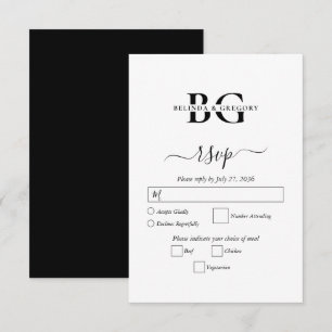 Elegant White and Black Monogram Initials Wedding RSVP Card