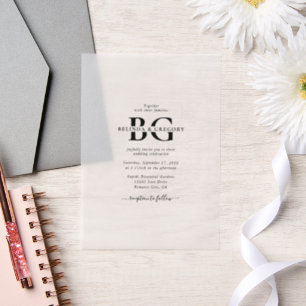 Elegant White and Black Monogram Initials Wedding Vellum Invitations