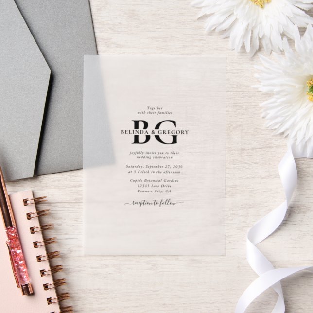 Elegant White and Black Monogram Initials Wedding Vellum Invitations (Wedding)