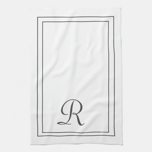 Elegant White and Black Monogrammed Kitchen Towel (Vertical)