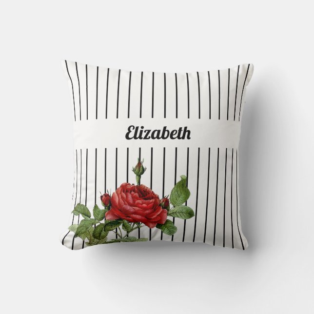 Elegant White and Black Pinstripe Roses and Name Throw Pillow (Front)