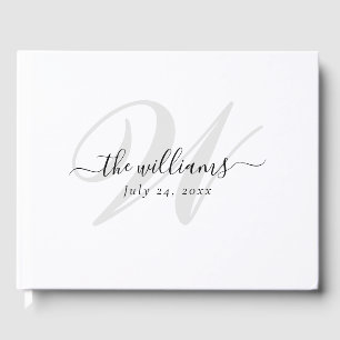 Elegant White and Black Script Monogram Wedding Guest Book