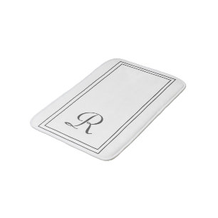 Elegant White and Black Stripes Monogram Bath Mat