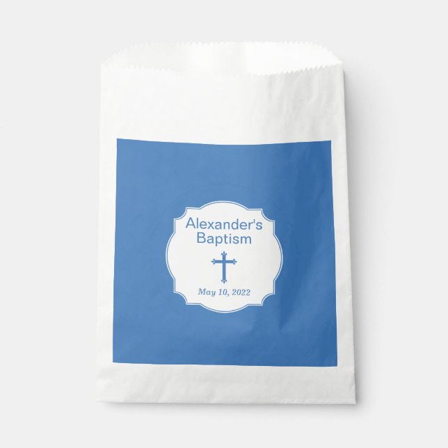 Elegant White and Blue Cross Baptism Christening Favour Bag (Front)
