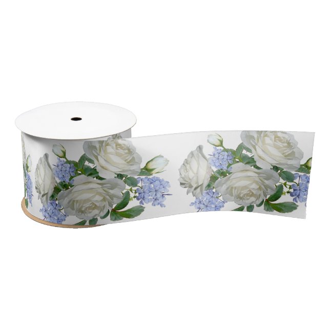 Elegant White And Blue Floral Pattern Satin Ribbon (Spool)