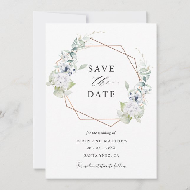 Elegant White and Blue Floral Wedding Save The Date (Front)