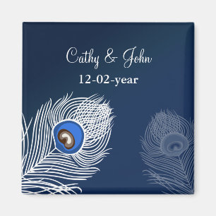 Elegant white and blue peacock save the date magnet
