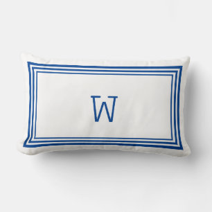 Elegant White and Blue Stripe Border Monogram  Lumbar Pillow