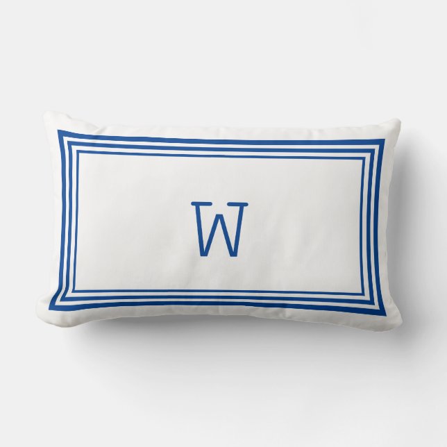 Elegant White and Blue Stripe Border Monogram  Lumbar Pillow (Front)