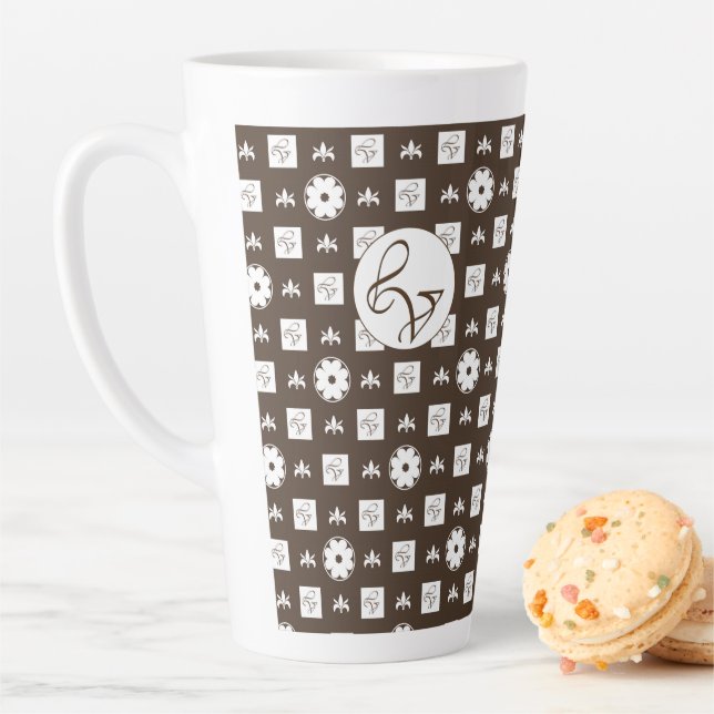 Elegant White and Brown Chequered Pattern Latte Mug (In Situ)