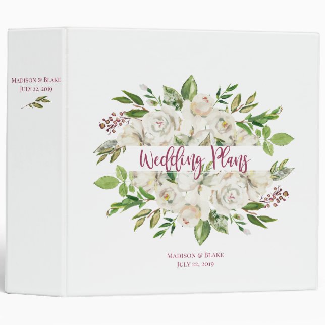 Elegant White and Champagne Floral Wedding Planner Binder (Front/Spine)