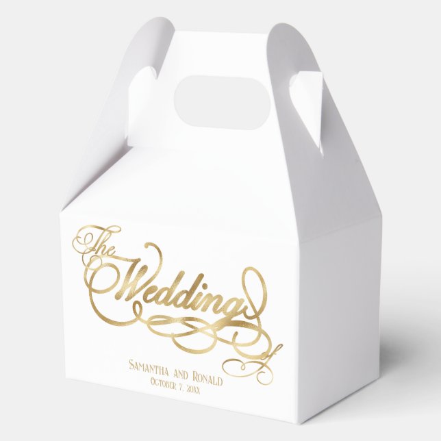 Elegant White and Faux Gold Calligraphy Wedding Favor Box (Front)