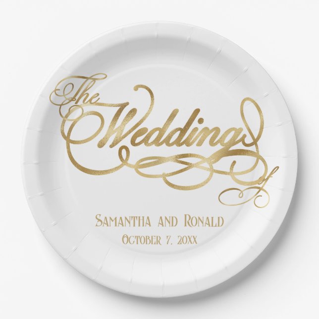 Elegant White and Faux Gold Calligraphy Wedding Paper Plate (Front)