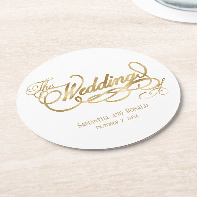 Elegant White and Faux Gold Calligraphy Wedding Round Paper Coaster (Angled)