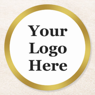Elegant White and Faux Gold Your Logo Here Round Paper Coaster