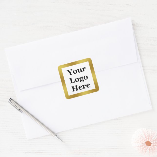 Elegant White and Faux Gold Your Logo Here Square Sticker (Envelope)