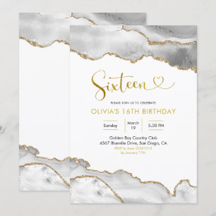 Elegant White and Gold Agate Sixteen Birthday Invitation