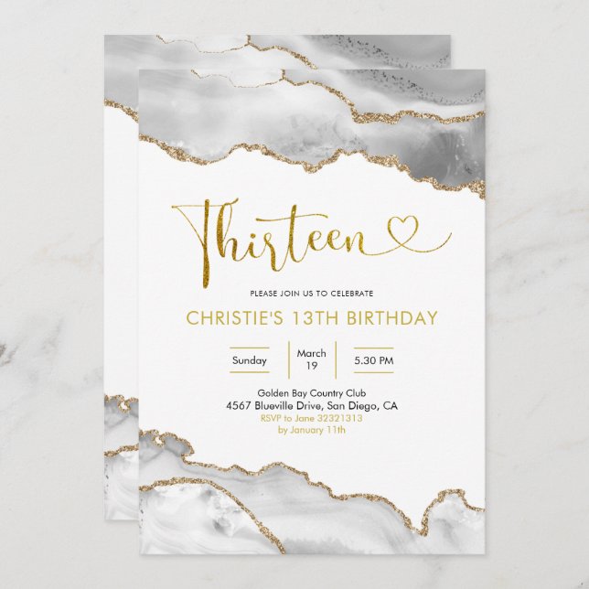 Elegant White and Gold Agate Thirteen Birthday Inv Invitation (Front/Back)