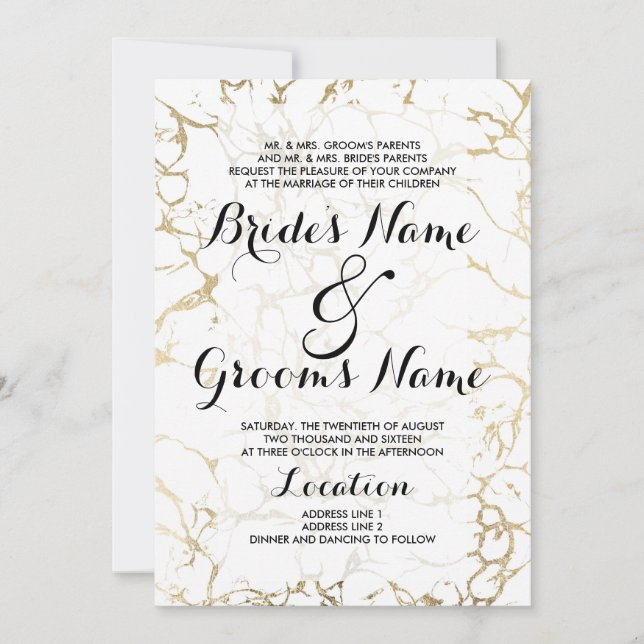 Elegant white and gold chic marble luxury wedding invitation (Front)