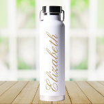 Elegant White and Gold Custom Script Name Water Bottle<br><div class="desc">This personalized water bottle combines practicality with a touch of elegance. Featuring a sleek white design and a beautiful script font, it allows you to customize it with your name, making it uniquely yours. The bottle is perfect for staying hydrated on the go, whether you're heading to the gym, office,...</div>