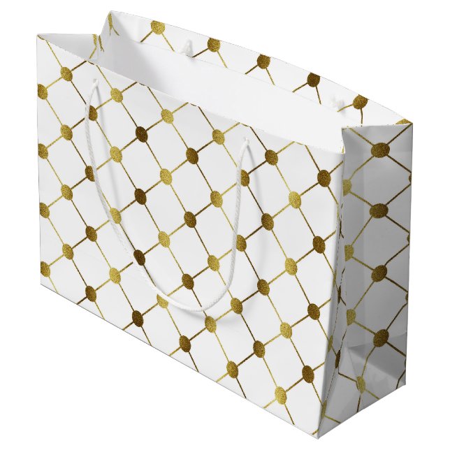 Elegant White and Gold Dot Grid Large Gift Bag (Back Angled)